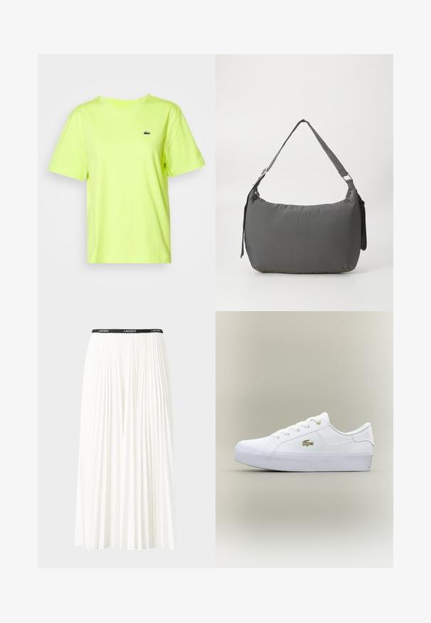 Lacoste TF7215_3KE - T-shirt basique - firefly; Jupe plissée blanche avec une taille élastique noire portant le logo "LACOSTE". Design mi-long avec une texture douce.; Baskets basses blanches avec semelle épaisse, fermeture à lacets à l'avant et petit logo crocodile doré sur le côté.; Sac à épaule en tissu gris rembourré avec une forme incurvée, une texture lisse, une bandoulière ajustable et un logo subtil en relief à l'avant.