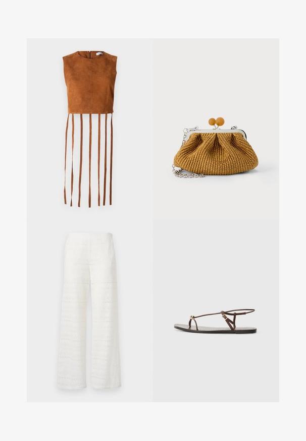 Brun suede crop top med rund halsudskæring og en lynlås i ryggen, som har lange, vertikale frynser langs kanten.; Bredde ben hvide bukser med broderede mønstre, hulmønster-detaljer og en struktureret overflade; lavet af letvægtsstof for åndbarhed.; Brun lædersandal med tynde remme, en gylden cirkulær detalje og en flad sål. Minimalistisk design med en justerbar spændedetalje.; Lille brun flettet clutch-pung med sølvmetalramme, to runde trælåse og en kort sølvkæderem på en hvid baggrund.