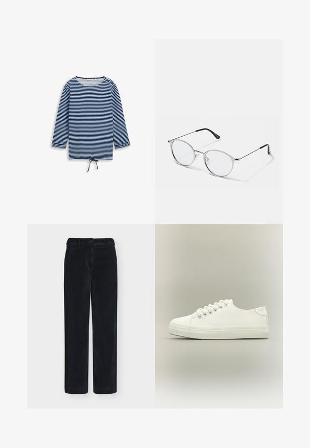 Blue and black horizontal striped long-sleeve shirt with round neckline, two shoulder buttons, and a drawstring tie at hem center.; Black straight-leg pants with a button and zipper closure, belt loops, and side pockets on a plain background.; White low-top sneaker with white laces and rubber sole shown from side view on a neutral background.; Metallic silver eyeglasses with round lenses and a thin frame. Black temple tips provide contrast. Adjustable nose pads included.