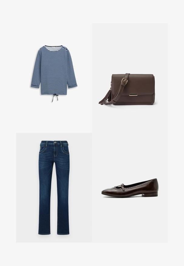 Blauw-zwart gestreept shirt met lange mouwen, ronde hals, twee knopen op de schouders en een trekkoord in het midden van de zoom.; Donkerblauwe denim jeans met een rechte pijp, vijf zakken en een standaard knoopsluiting. Bevat subtiele stikdetails.; Donkerbruine lakleren Mary Jane-schoen met lage hak, afgeronde neus en een klein gespsluiting over de wreef.; Bruine faux leren schoudertas met een flapsluiting, gouden hardware en een zijtassel. Verstelbare schouderband voor veelzijdig gebruik.