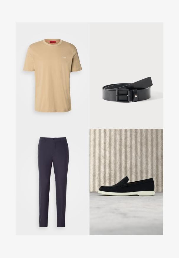 Beige katoenen t-shirt met een ronde hals, korte mouwen en een klein wit "HUGO" logo op de borst. Een gladde textuur zonder patronen.; Navy broek met rechte snit, gemaakt van een soepel stof. Voorzien van een knoopsluiting, zijzakken en een vlakke voorkant.; Zwarte instapper met een ronde neus, voorzien van een textuur bovenwerk, gladde witte zool en subtiele merktekens aan de zijkant.; Zwarte leren riem met matte zwarte metalen gesp, licht opgerold met het uiteinde van de band rustend op een wit oppervlak.