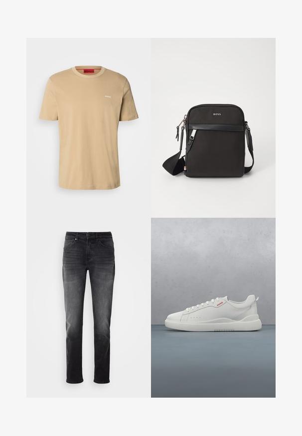 Beige katoenen t-shirt met een ronde hals, korte mouwen en een klein wit "HUGO" logo op de borst. Een gladde textuur zonder patronen.; Zwarte denim jeans met een recht gesneden pijp. Kenmerken zijn een knoop- en ritssluiting, vijf zakken en subtiele vervaging op de stof.; Witte sneaker met een gladde leren afwerking, ronde neus, vier veterogen, subtiele perforaties en een rood logo detail aan de zijkant.; Zwarte schoudertas van textuurstof, met logo aan de voorkant, ritssluiting en verstelbare schouderband. Voorzien van een gladde leren rand.