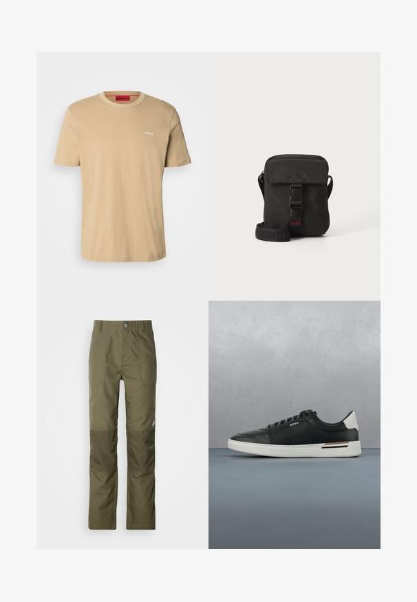 T-shirt en coton beige avec un col rond, des manches courtes et un petit logo blanc "HUGO" sur la poitrine. Texture lisse sans motifs.; Pantalons vert olive avec une coupe droite, présentant des renforts aux genoux, deux poches avant et une fermeture à bouton à la taille.; Sneaker en cuir noir avec semelle blanche, présente des perforations, un design à lacets, logo sur le côté et détail de talon contrasté en blanc et marron.; Sac à bandoulière noir en tissu durable. Dispose d'une fermeture à rabat, d'une sangle réglable avec un logo en relief et d'un détail de boucle à l'avant.