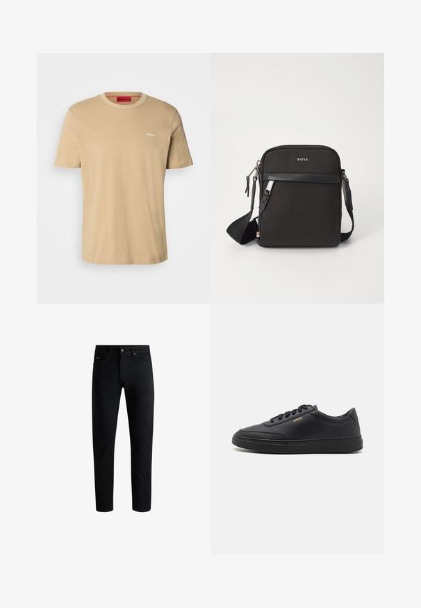 Beige bomulds t-shirt med rund halsudskæring, korte ærmer og et lille hvidt "HUGO" logo på brystet. Glat tekstur uden mønstre.; Sorte slim-fit jeans med fem lommer, knaplukning og bæltestropper, præsenteret mod en hvid baggrund.; Sorte lædersneakers med en glat overflade, rund tå, flad gummisål og tonede snørebånd. Udstyret med guld "BOSS" branding på siden.; Sort crossbody taske med et struktureret stof, logo på fronten, lynlås lukning og justerbar rem. Har en glat læderkant.