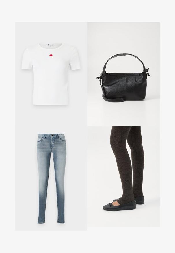 Hvid, ribstrikket t-shirt med korte ærmer og et lille rødt hjerte broderet på midten af brystet under halsudskæringen.; Lyseblå skinny jeans lavet af denim, med fem-lomme design, knap- og lynlåslukning, samt en let falmeffekt på benene.; Ben iført mørke ribbede leggings kombineret med sorte balletsko med små sløjfedetaljer på hvid baggrund.; Sort læderhåndtaske med et struktureret design, rund tophåndtag og aftagelig skulderrem. Den har en glat tekstur og en subtil glans.