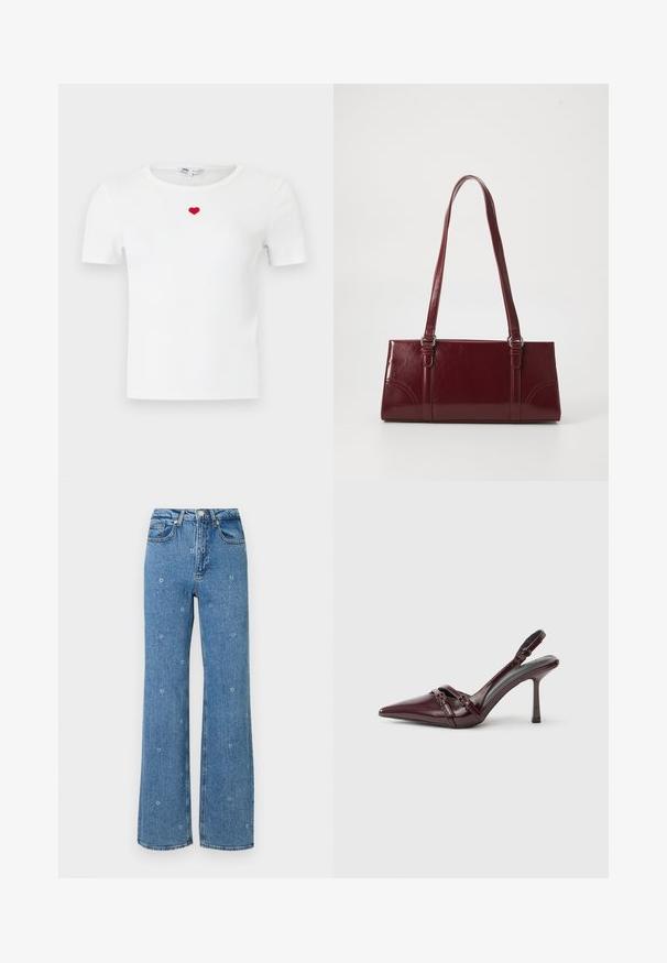 Witte geribbelde T-shirt met korte mouwen en een klein rood hart geborduurd op het midden van de borst onder de halslijn.; Blauwe hoge taille rechte jeans met kleine witte bloemenborduursels verspreid over de stof.; Bordeauxrode lakleren slingback met puntige neus, dunne enkelband en kleine decoratieve gespsluiting. Gladde textuur en hoge hak.; Bourgondische handtas van glanzend materiaal, rechthoekige vorm, met twee schouderbanden en subtiele gebogen accenten aan de voorkant.