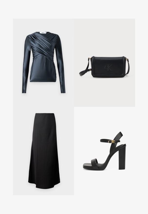 Haut à manches longues en satin bleu marine foncé avec des détails froncés à l'avant et une texture lisse, mettant en valeur un col rond et une silhouette ajustée.; Jupe midi noire avec une texture lisse, conçue avec une taille haute et une fente sur le côté, présentant une silhouette simple et sans ornements.; Sandal à talons hauts noirs en cuir lisse, avec une large lanière à l'avant, une lanière de cheville avec une boucle dorée et un talon carré épais.; Sac en cuir noir à bandoulière avec une finition texturée, doté d'un rabat supérieur, d'un logo "cK" en relief et d'accents en métal doré.