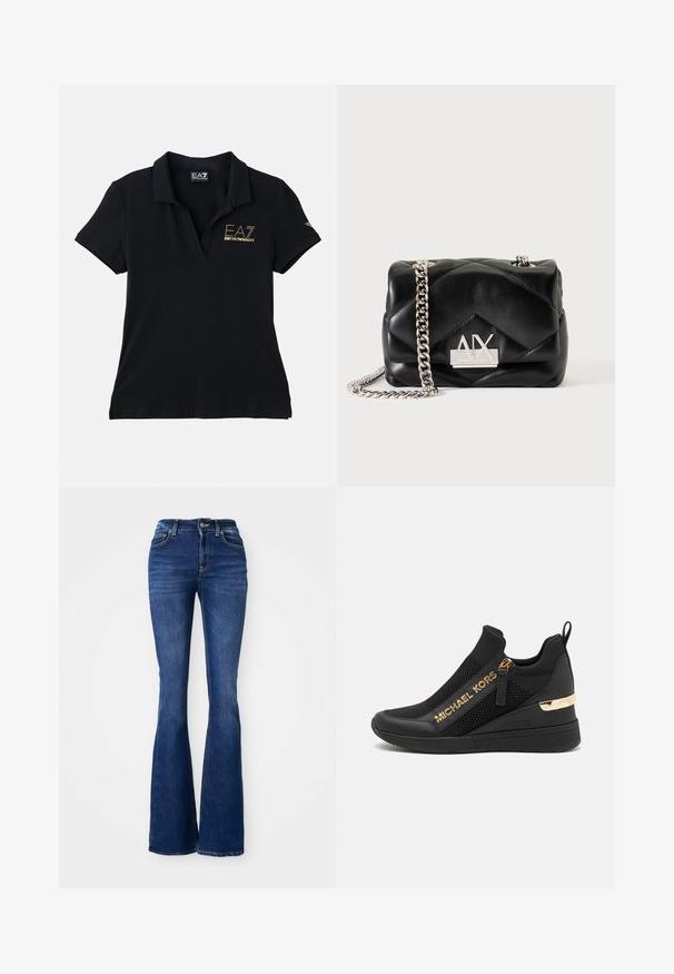 Zwarte polo shirt van katoen met een klassieke kraag. Bevat een gouden logo op de borst en een subtiele merkembleem op de mouw.; Donkerblauwe flare jeans met een hoge taille, gemaakt van denim, met contrasterende stiksels en een knoopsluiting aan de voorkant.; Zwarte sportieve sneaker met meshpanelen, gouden logodetails, slip-on ontwerp en een wiggenhak voor extra hoogte. Rubberen zool.; Zwarte doorgestikte leren schoudertas met zilveren kettingriem en zilveren Armani Exchange AX-logo aan de voorkant.