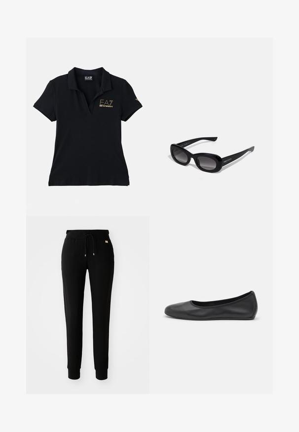 Zwarte polo shirt van katoen met een klassieke kraag. Bevat een gouden logo op de borst en een subtiele merkembleem op de mouw.; Zwarte tapered sweatpants met een tailleband met trekkoord en manchetten bij de enkels, weergegeven op een eenvoudige witte achtergrond.; Zwarte leren ballerina met een ronde neus, gladde textuur, minimale stikdetails en een flexibele zoolontwerp.; Zwarte, oversized zonnebril met een glanzende afwerking, gradient lenzen en een afgeronde rechthoekige vorm; heeft een logo aan de zijkant.