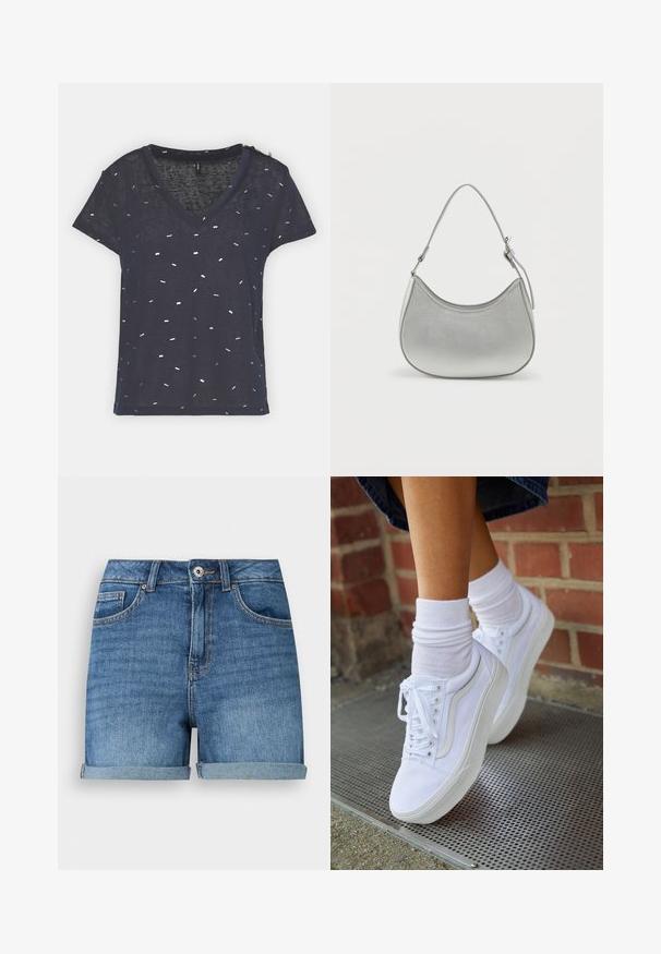ONLY ONLSTEPHI V NECK - T-shirt imprimé - night sky; Short en jean bleu avec ourlets roulés, fermeture devant par bouton et fermeture éclair, passants de ceinture, poches avant et poche monnaie.; Baskets en toile blanches avec semelles en caoutchouc, dotées de six œillets, d'un bout rond et de détails de couture légers, portées avec des chaussettes blanches mi-mollet.; Sac à main en simili cuir argenté avec une forme incurvée, une courte bandoulière ajustable et une texture lisse, présentant un minimum de détails de couture.