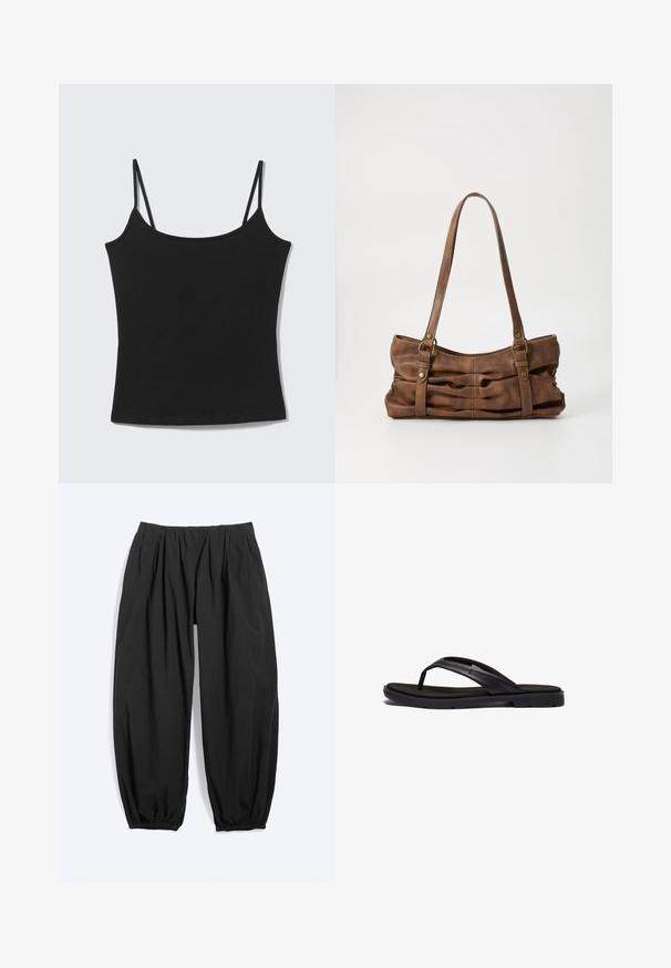 Top corto negro sin mangas con tirantes delgados y escote recto sobre fondo gris claro.; Pantalones negros holgados con pierna estrecha, cintura elástica y puños en los tobillos, hechos de tela ligera.; Chancla negra con suela de goma de textura suave y correas sintéticas elegantes. El diseño incluye un hardware minimal y un perfil bajo.; Even&Odd by Zalando Bolso de mano - brown