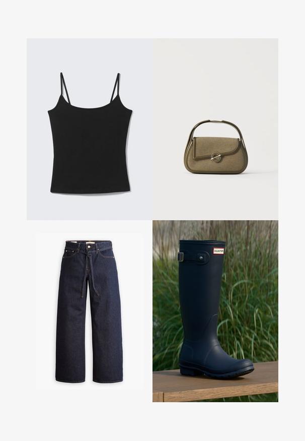 Sort ærmeløs cropped tanktop med tynde skulderstropper og en lige halsudskæring på en lysegrå baggrund.; Bredde ben mørkeblå denim jeans med høj talje, der har snoretræk, fem lommer og kontrastsyet detaljer.; Marine gummistøvle med rund tå, tekstureret overflade, justerbar spænde detaljer og Hunter-logo nær toppen. Stabilt sål med mønster.; Lille olivengrøn håndtaske med afrundede kanter, et topgreb og en klaplukning sikret med en cirkulær metalbeslag.