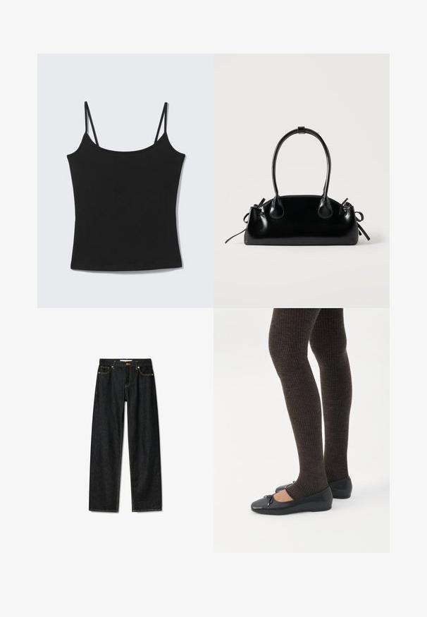Sort ærmeløs cropped tanktop med tynde skulderstropper og en lige halsudskæring på en lysegrå baggrund.; Mørke denim jeans med lige snit, messingknaplukning og kontrasterende gul syninger. Har fem lommer og et klassisk fit.; Ben iført mørke ribbede leggings kombineret med sorte balletsko med små sløjfedetaljer på hvid baggrund.; Lille sort blank håndtaske med to lange håndtag og snøre-detaljer i siden på en ensfarvet lys baggrund.
