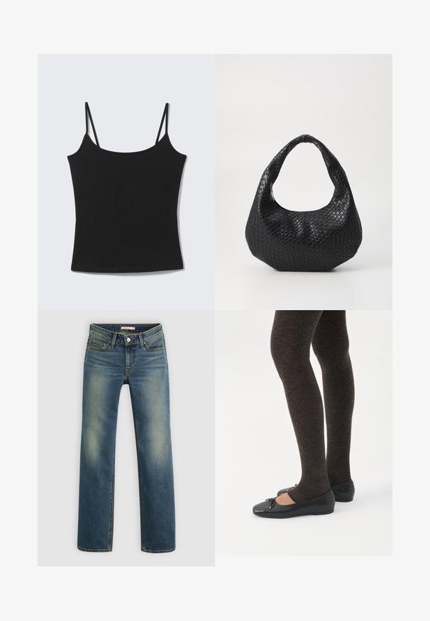 Débardeur court noir sans manches avec fines bretelles et encolure droite sur fond gris clair.; Jeans en denim bleu avec une coupe droite, fermeture à bouton à l'avant, passants de ceinture, et zones décolorées aux cuisses et aux genoux.; Jambes portant des leggings côtelés foncés associés à des ballerines noires avec de petits détails en nœud sur fond blanc.; Sac à main tissé noir avec une poignée courbée, présentant une surface texturée et une forme décontractée. Fini lisse avec une silhouette organique.