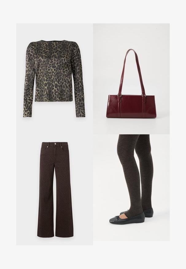 Camiseta de manga larga ajustada con un patrón de print de leopardo en dorado metálico y negro, con un cuello redondo sobre un fondo liso.; Vaqueros de pierna ancha marrones con un sutil patrón de leopardo, confeccionados en denim con una textura suave y un clásico diseño de cinco bolsillos.; Piernas con leggings oscuros acanalados combinados con bailarinas negras que presentan pequeños detalles de lazo sobre un fondo blanco.; Bolso burdeos hecho de material brillante, de forma rectangular, con dos asas para el hombro y sutiles acentos curvados en la parte frontal.