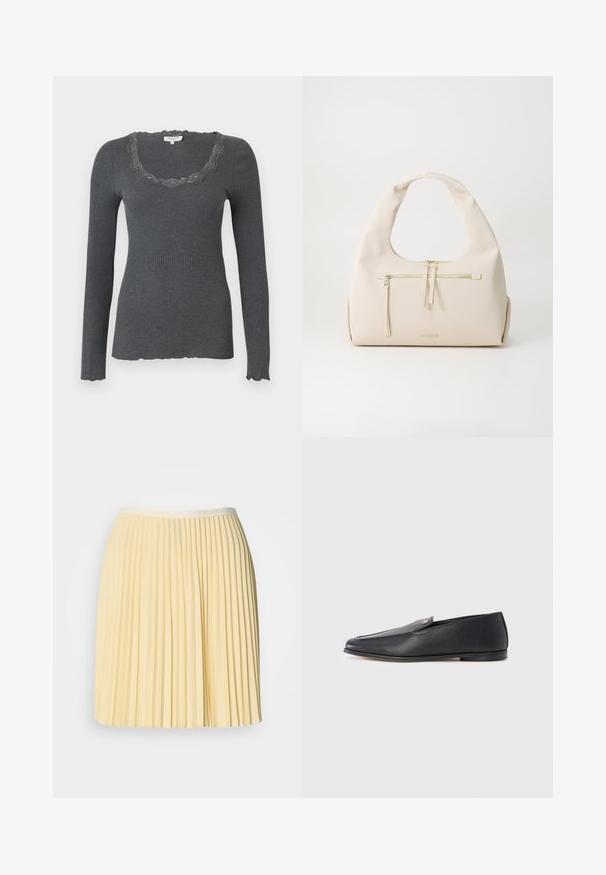 Ribbet langærmet top i mørkegrå med en scalloped blondekrave og let flosset kant. Fremstillet af blødt, tekstureret stof.; Lys gul, plisseret nederdel med en talje der har Lacoste-logoet. Fremstillet af letvægtsmateriale, har den et flydende design og en glat tekstur.; Sorte læderloafers med en glat tekstur, rundet tå og subtile syningsdetaljer. Har en guldfarvet logoaccent på oversiden.; Beige læderhåndtaske med en buet skulderrem, der har en frontlomme med lynlås og diskrete guldindlæg. Glat tekstur og minimalistisk design.
