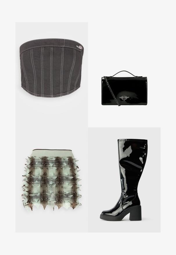 NA-KD CONTRAST STITCHING CORSET - Top - dark grey; Mintová sukňa s volánmi a klietkovým dizajnom, so štvorcami v hnedej farbe a hrotemi na okrajoch. Elastický pás pre pohodlné nosenie.; Čierne lakované kožené čižmy po kolená s hladkým, lesklým povrchom, štvorcovými špičkami a hrubými čiernymi podpätkami. Švy pozdĺž bokov.; Čierna laková kabelka s reťazovým popruhom, so zdobným kovovým emblemom včely na prednej strane. Obdĺžnikový tvar s lesklým povrchom.