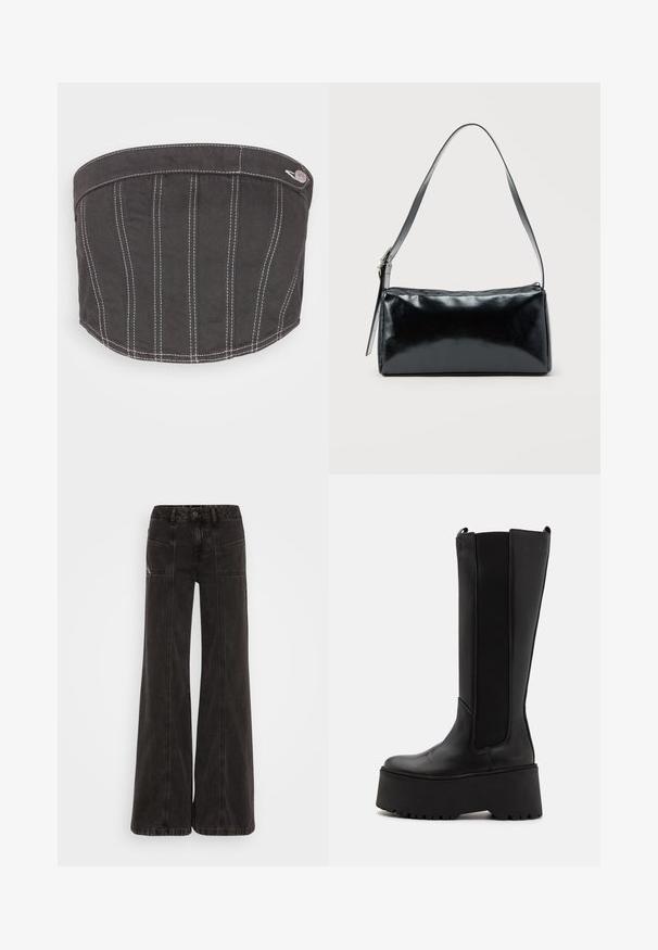 NA-KD CONTRAST STITCHING CORSET - Top - dark grey; Sorte vide ben jeans lavet af denim, med høj talje, frontlommer og tonet syninger langs sømmene.; Sort knæhøje støvler med en glat læderoverdel, elastiske sidepaneler og en tykk platformssål med en skridsikker bund.; Sort rektangulær skuldertaske med en enkelt justerbar rem og lynlås i toppen på en ensfarvet baggrund.