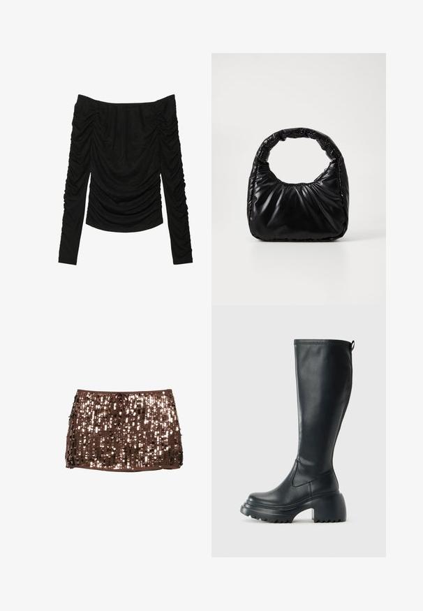 Haut noir tombant sur les épaules avec des manches longues. Présente un tissu froncé sur le devant et les manches, créant une silhouette texturée et cintrée.; Mini-jupe brune courte recouverte de sequins brillants et munie d'un cordon à la taille, présentée sur fond blanc.; Botte en cuir noir haute avec semelle plateforme épaisse et talon carré, dotée d'une languette et d'un motif texturé sur la semelle extérieure.; Sac à main noir rembourré avec une poignée arrondie, présentant une surface lisse et brillante ainsi qu'une texture douce et matelassée. Pas de quincaillerie ou d'accents visibles.