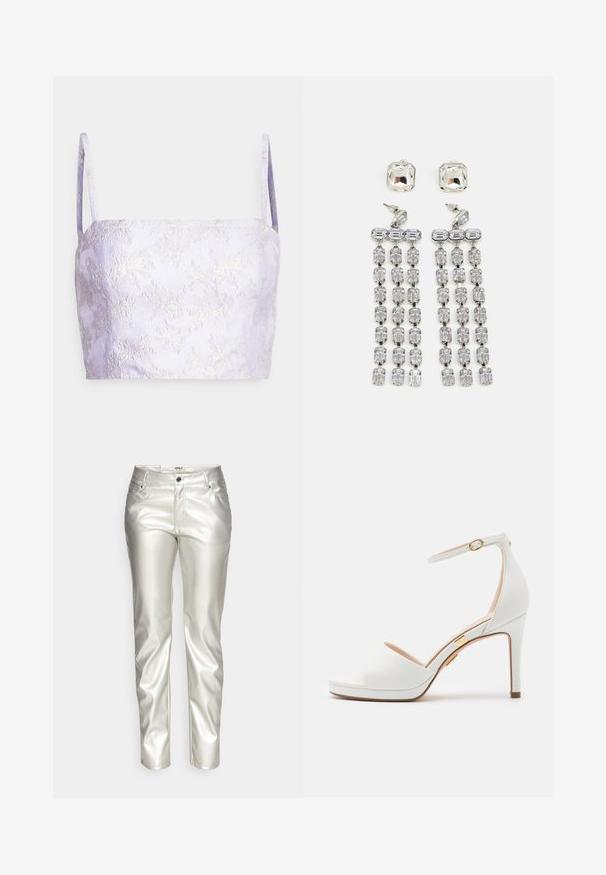 Monki Top - lilac; ONLY ONLJACI LILO - Stoffhose - silver; Weiße Sandale mit hohem Absatz, Knöchelriemen und offenem Zehenbereich, mit dünner goldener Schnalle und schlankem Stilettoabsatz.; Kristall-Ohrringe mit silberfarbener Hardware, die einen quadratischen Stecker und kaskadierende Reihen von rechteckigen und achteckigen Kristallen aufweisen.
