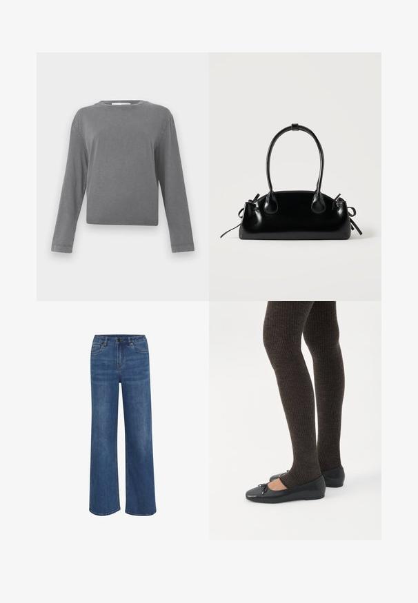 Langærmet, ensfarvet grå crewneck skjorte med en let vaskede stoftekstur, vist mod en hvid baggrund.; Bredde jeans lavet af medium blå denim. Har en knap- og lynlåslukning, fem lommer og subtil falmning på stoffet.; Ben iført mørke ribbede leggings kombineret med sorte balletsko med små sløjfedetaljer på hvid baggrund.; Lille sort blank håndtaske med to lange håndtag og snøre-detaljer i siden på en ensfarvet lys baggrund.