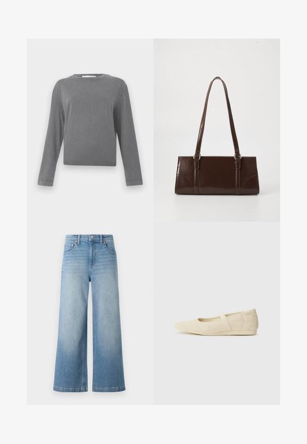 Langærmet, ensfarvet grå crewneck skjorte med en let vaskede stoftekstur, vist mod en hvid baggrund.; Lyseblå denim bredbenede jeans med høj talje, fem-lomme design, synlig syning og knappelukning foran.; Lysebrune ballet flats med en glat læderoverflade, mandelformet tå og elastisk rem over vristen, med diskrete syninger.; Brun lakeret håndtaske med rektangulær form, to lange håndtag og subtile buede detaljer på fronten.
