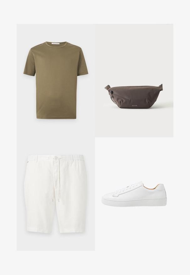 T-shirt vert olive à manches courtes et col rond, de design uni, présenté sur un fond blanc.; Shorts blancs arrivant aux genoux avec taille élastique et cordon de serrage à l'avant, devant plat et passants pour ceinture.; Sneaker en cuir blanc avec une finition lisse, bout rond, design plat à lacets, et une semelle en caoutchouc épaisse présentant un motif de grip texturé.; Sac banane en tissu marron foncé avec poche zippée en diagonale et petit logo blanc sur le devant, sur un fond clair uni.