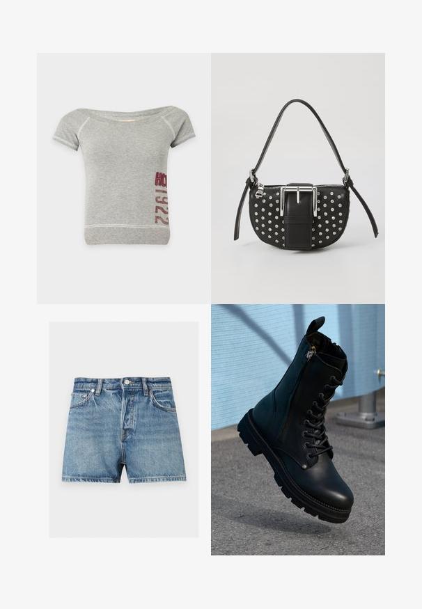 Hellgraues Kurzarmshirt mit weitem Ausschnitt und rotem "HCO 1922"-Text, der vertikal auf der unteren rechten Seite gedruckt ist.; Blaue Jeansshorts mit Knopf vorn, Gürtelschlaufen, vorderen Taschen und sichtbaren Nähten auf hellem einfarbigem Hintergrund.; Schwarze Lederstiefeletten mit Schnürdesign, seitlichem Reißverschluss, strukturiertem Finish und einer robusten Sohle mit ausgeprägtem Profil.; Schwarze Ledertasche mit einer geschwungenen Form, verziert mit silbernen Nieten und einer auffälligen silbernen Schnalle auf der Vorderseite. Verstellbarer Tragegurt enthalten.