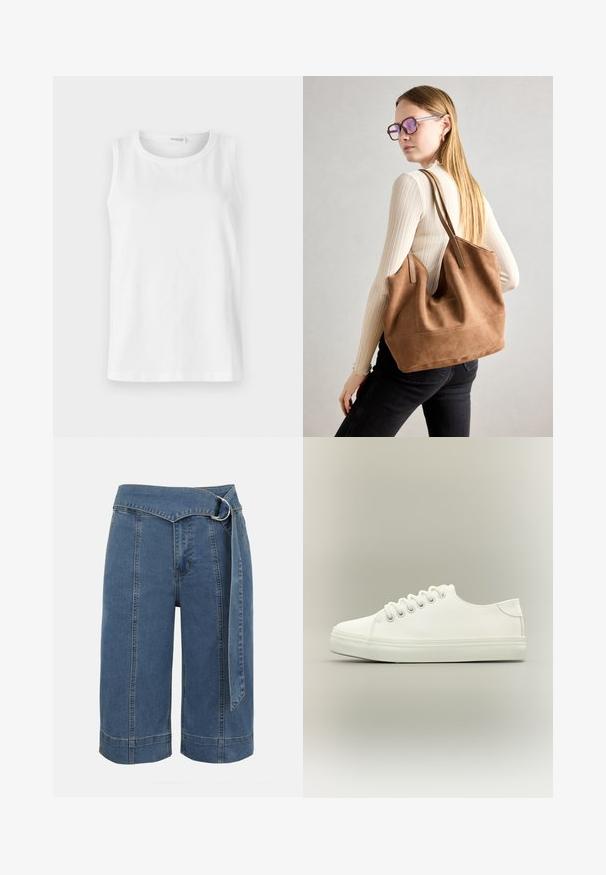 Hvid udenærmet top lavet af blød bomuld. Har en rund halsudskæring og lige snit. Enkelt design uden synlige mønstre eller detaljer.; Blå denim shorts med vide ben, frontsømme detaljer og et matchende stofbælte med sølv D-ring spænde.; Hvid lavtop sneaker med hvide snørebånd og gummisål vist fra siden på en neutral baggrund.; Brun ruskind tote taske med blød tekstur, stor åbning og lange stropper. Har et enkelt design med synlige syninger og ingen hardware.