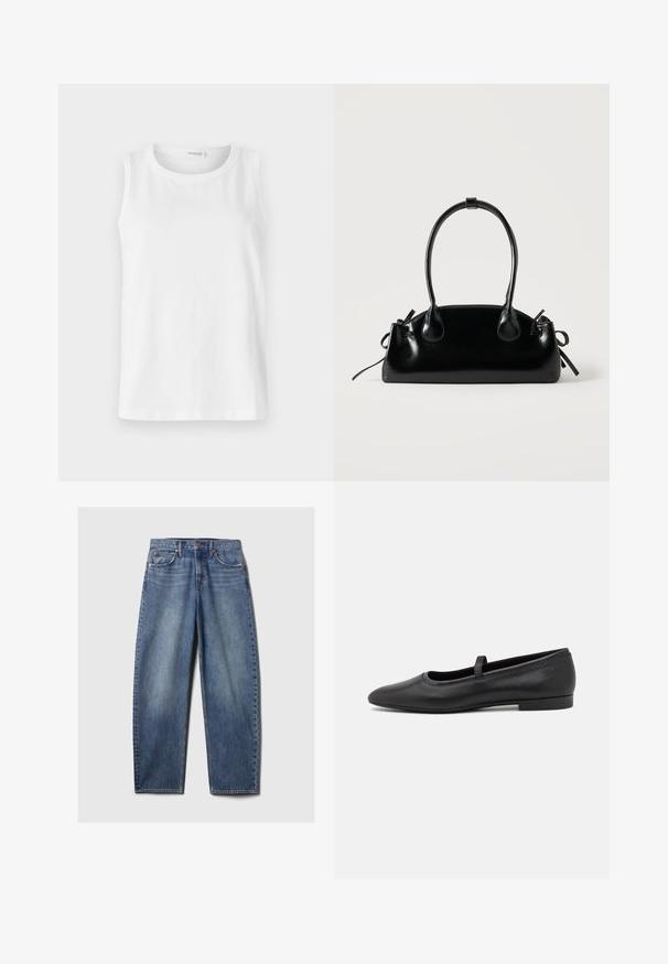 Hvid udenærmet top lavet af blød bomuld. Har en rund halsudskæring og lige snit. Enkelt design uden synlige mønstre eller detaljer.; Blå denim jeans med en afslappet pasform, der har fem lommer, kobbernitter og en fadet vask. Lige ben med en ren kant.; Sorte ballet flade lavet af glatmælket læder, med en rund tå, et lille bånd henover toppen, og et minimalistisk design.; Lille sort blank håndtaske med to lange håndtag og snøre-detaljer i siden på en ensfarvet lys baggrund.