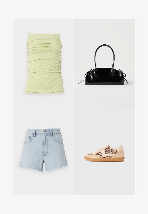 Rynket, lys grøn tanktop med tynde stropper. Lavet af blødt, strækbart stof. Har en tætsiddende silhuet og tekstureret design over det hele.; Lyseblå denimshorts med høj talje, frynsede kanter og fem lommer. Har metalknap og kontrastsying.; Leopardprint sneakers med beige ruskindsoverdel, tan gummisål og hvide detaljer. Rund pegefinger og snørebåndsdesign med en tekstureret finish.; Lille sort blank håndtaske med to lange håndtag og snøre-detaljer i siden på en ensfarvet lys baggrund.