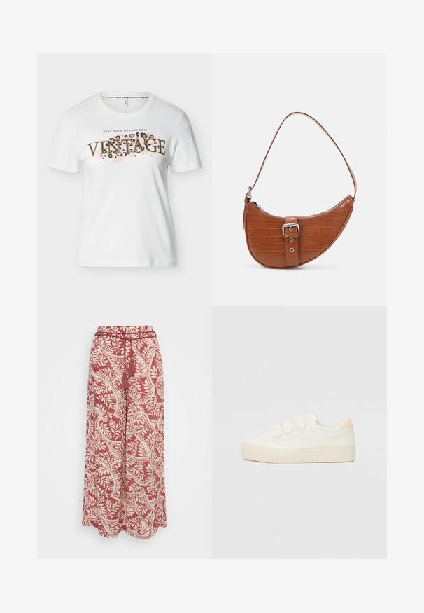 T-shirt blanc à manches courtes avec col rond, texte "REALISEZ VOS RÊVES" au-dessus d'un grand "VINTAGE" sur un fond rose à imprimé léopard.; Vero Moda Petite VMBALI WIDE PANTS - Pantalon classique - marsala; Baskets blanches avec une tige lisse semblable à du cuir, trois bandes auto-agrippantes, bout rond et semelle en caoutchouc texturé. Accent à l'arrière en beige.; Vero Moda VMKYRA SHOULDER BAG - Sac à main - cognac