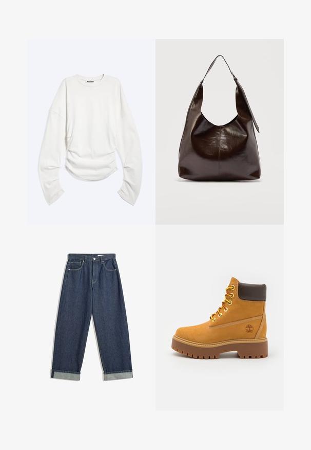 Witte longsleeve met ronde hals met geplooide details bij de taille en een losse pasvorm, met "WEEKDAY" label binnen in de kraag.; Donkerblauwe wijde denim jeans met opgerolde mouwen, voor knoop en rits, riemlussen en vijf zakken.; Tan waterdichte enkelboot met een stevige rubberen zool, ronde neus, bruine leren kraag, gele veters en een logo aan de zijkant.; Donkerbruine glanzende leren schoudertas met een enkele brede riem en gespsdetail aan één kant, tegen een effen lichte achtergrond.