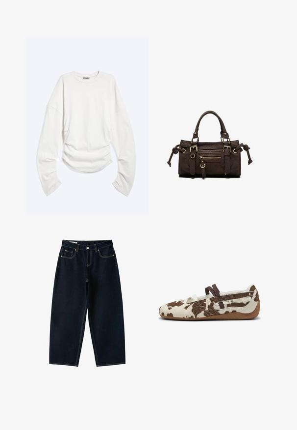 T-shirt blanc à manches longues avec col rond, détails froncés à la taille et coupe décontractée, étiquette « WEEKDAY » à l'intérieur du col.; Jean bleu foncé à jambes larges, taille haute, bouton sur le devant, fermeture éclair et cinq poches avec coutures apparentes.; Chaussures plates à motif vache, avec un dessus texturé marron et crème, des sangles élastiques et une semelle en caoutchouc au design flexible.; Sac à main en cuir marron foncé avec double poignée, poche avant zippée, boucles décoratives et nœuds latéraux sur fond blanc.