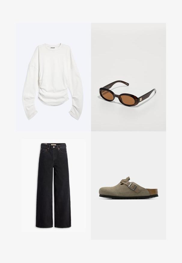 Hvid langærmet crewneck-shirt med rynkedetaljer i taljen og en afslappet pasform, mærket "WEEKDAY" inde i kraven.; Sorte brede benjeans lavet af denim, med fem lommer, kobbernitter og en klassisk knaplukning. Glat tekstur med et rent design.; Suede træsko i lys olivengrøn med en formet kork- og gummisål. Har en side rem med en metal spænde og en rund tå.; Brune skildpadde-solbriller med ovale linser, der har en tynd stel og en lille metalaccent på siden. Struktureret og poleret overflade.
