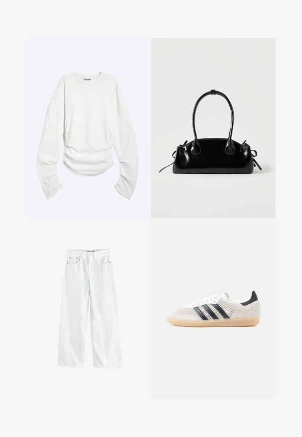 Hvid langærmet crewneck-shirt med rynkedetaljer i taljen og en afslappet pasform, mærket "WEEKDAY" inde i kraven.; Hvide, vidde cowboybukser med høj talje, to forlommer og diskrete guldfarvede detaljer. Glat tekstur, afslappet design.; Hvide mesh-sneakers med sort tre-stribet design, rundet tå og gummisål. Har blød hælkant og snørelukning.; Lille sort blank håndtaske med to lange håndtag og snøre-detaljer i siden på en ensfarvet lys baggrund.