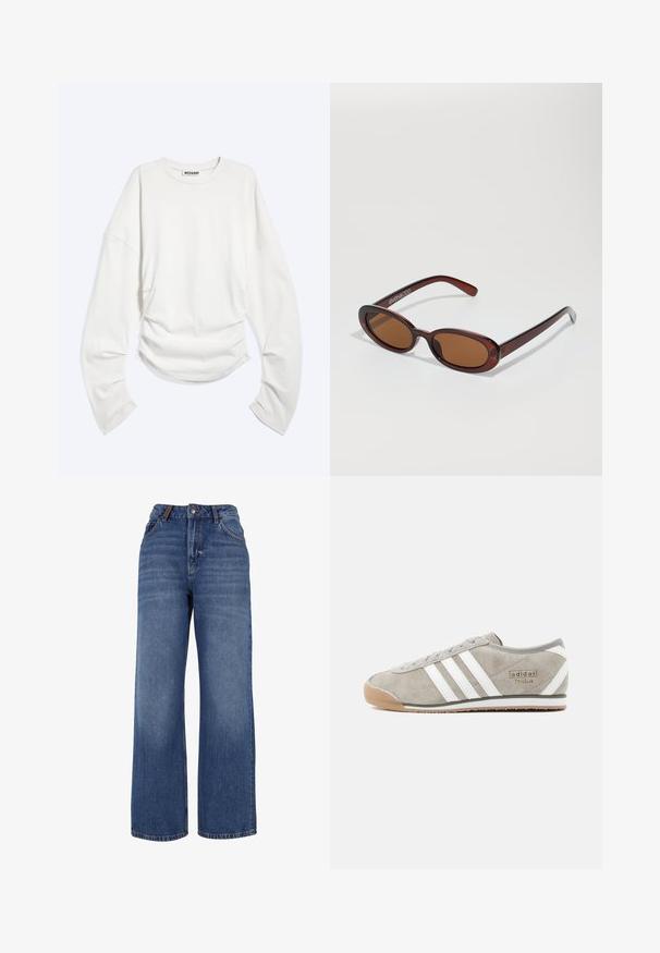 Camiseta blanca de manga larga con cuello redondo, con fruncido en la cintura y un corte relajado, con la etiqueta "WEEKDAY" en el interior del cuello.; Pantalones vaqueros de pierna ancha hechos de tejido de algodón azul de peso medio. Presentan un diseño clásico de cinco bolsillos y una cremallera con cierre de botón.; Zapatilla de ante gris con tres rayas blancas, puntera redondeada, suela de goma de color caramelo y pequeño detalle de la marca en el lateral.; Gafas de sol redondas con tinte marrón y un marco burdeos brillante. Patillas delgadas con un sutil detalle de marca. Diseño de lentes planos.