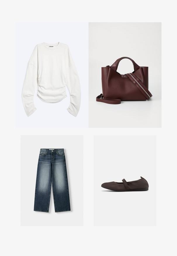 Witte longsleeve met ronde hals met geplooide details bij de taille en een losse pasvorm, met "WEEKDAY" label binnen in de kraag.; Wijdere denim jeans in donkerblauw, met een vervaagde wassing. Vijf-pocket ontwerp met een knoopsluiting en riemlussen.; Bruine ballerinaschoen met elastische band en ronde neus, getoond op een witte achtergrond, zijaanzicht.; Bordeaux leren handtas met een gestructureerd oppervlak, twee korte handvatten en een afneembare schouderband met een zilveren ritsdetail.