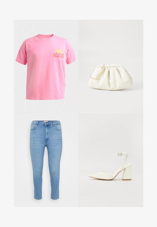 Lyserød T-shirt med korte ærmer og rund hals, med et gult solmotiv og teksten "LOVE OF SUMMER" på venstre bryst.; Lyseblå højtaljede skinny jeans med knap- og lynlås-lukning, for- og baglommer, samt ankellængde.; Hvide hælede sandaler med spids tå, justerbar ankelrem og en kraftig firkantet hæl. Glat tekstur med minimale syninger.; Hvid læderhåndtaske med en samlede design, forsynet med en guldkæde-strop og en rund form. Glat tekstur med bløde folder og ingen mønstre.