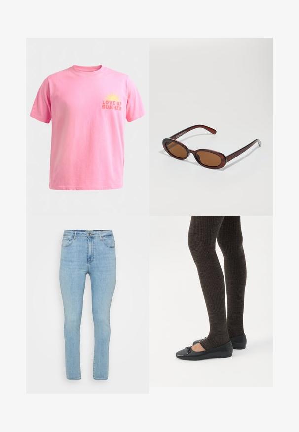Lyserød T-shirt med korte ærmer og rund hals, med et gult solmotiv og teksten "LOVE OF SUMMER" på venstre bryst.; Lyseblå denimjeans med slim fit, der har fem lommer, bæltestropper og en standard lynlås med knaplukning.; Ben iført mørke ribbede leggings kombineret med sorte balletsko med små sløjfedetaljer på hvid baggrund.; Runde, bruntonede solbriller med en glansfuld bordeauxramme. Slanke arme med diskret brandingdetalje. Flad linsedesign.