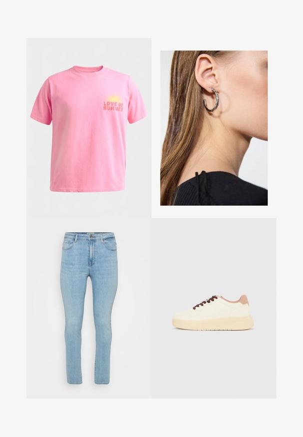 Camiseta de manga corta color rosa claro con cuello redondo, con un gráfico de sol amarillo y el texto "LOVE OF SUMMER" en el pecho izquierdo.; Vaqueros de mezclilla azul claro con corte ajustado, que cuentan con cinco bolsillos, trabillas para cinturón y una cremallera estándar con cierre de botón.; Zapatilla deportiva beige de corte bajo con suela gruesa, puntera perforada, cuello trasero rosa y cordones marrón oscuro sobre un fondo liso gris claro.; Pendiente de aro de plata con un acabado pulido, que presenta pequeños detalles en dorado y una forma redonda, llevado en el lóbulo.