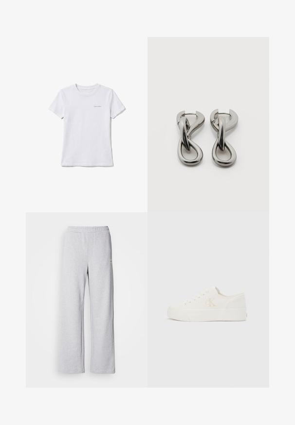 Valge lühikeste varrukatega ümmarguse kaelusega t-särk, millel on väike "Calvin Klein" logo ülemisel vasakul rinnal.; Heledad hallhalli pusad, mis omavad laia jala disaini, elastset vööd ning peeneid õmblusdetailе. Valmistatud pehmest ja hingavast kangast.; Valge madala lõikega toss, millel on paks tald ja külgmisel küljel "cK" logo, paelaeest kinnituv esiosa ning minimalistlik disain neutraalsel taustal.; Hõbedatoonides metallist kõrvarõngad abstraktse üksteisega põimunud aasade disainiga valgel taustal.