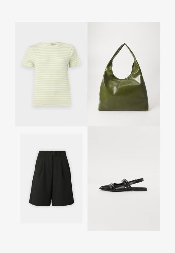 T-shirt côtelé à manches courtes à rayures horizontales vert clair et blanc avec un col rond sur un fond uni.; Vero Moda Tall VMBECCA BERMUDA - Short - black; Even&Odd by Zalando Ballerines à brides arrière - black; Sac hobo en cuir vert au design décontracté, avec une poignée incurvée et une texture lisse. Ne contient aucun matériel ou accent visible.