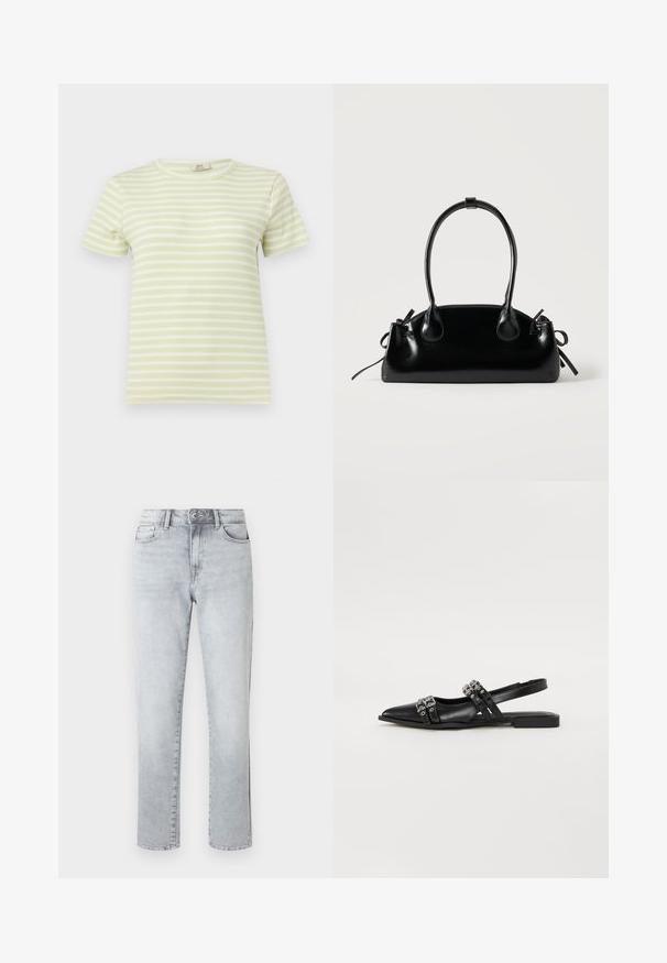 T-shirt côtelé à manches courtes à rayures horizontales vert clair et blanc avec un col rond sur un fond uni.; Jean droit gris clair avec fermeture à bouton, poches avant et passants pour ceinture, présenté sur un fond blanc uni.; Even&Odd by Zalando Ballerines à brides arrière - black; Petit sac à main noir brillant avec deux longues anses et des détails à cordon sur les côtés sur un fond clair uni.