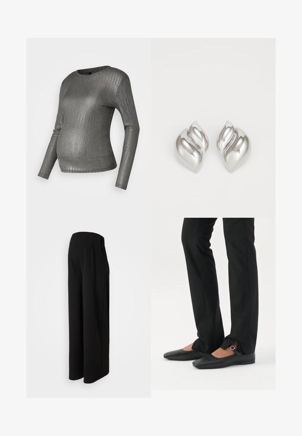 Hallkantsusega hall pikkade varrukatega topp, mis on loodud kõhu kohal kandmiseks. Valmistatud venivast materjalist, millel on peen sära.; Vero Moda Maternity Wide-leg Wide Leg Fit - Püksid - black; Jalad, mis kannavad mustaid kitsaid pükse esiosal lõhikutega allääres, kombineeritud mustade lameda tallaga Mary Jane kingadega, millel on väike pandlakinnitusega rihm.; Hõbedased kõrvarõngad orgaanilise ja abstraktse kujuga. Siledad, läikivad pinnad ja kitsenev disain. Omavad peeneid kõverusi ja keskset joondetaili.