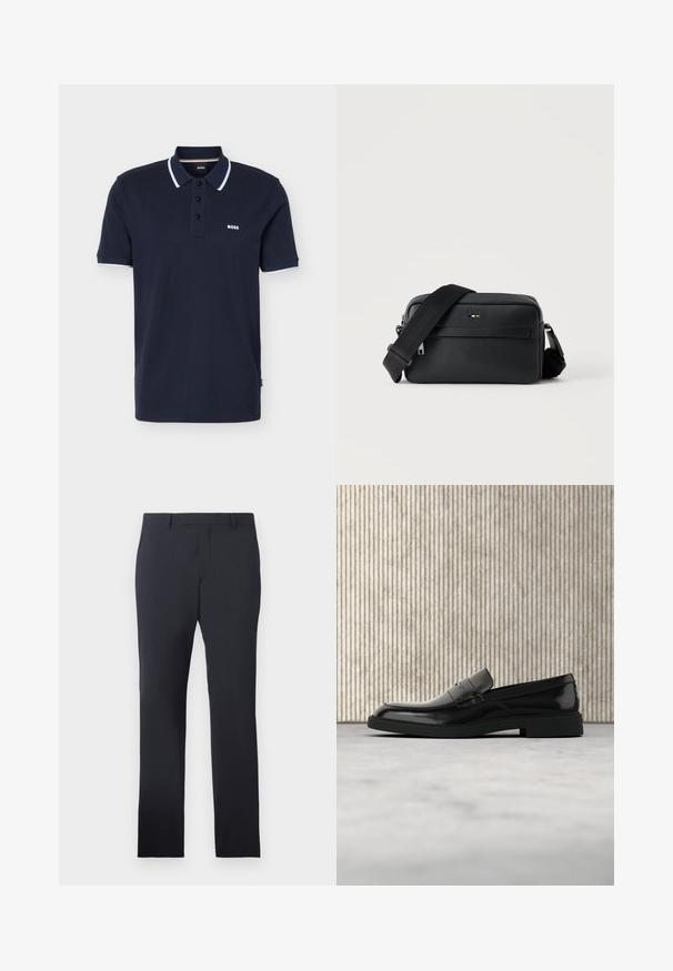 Marineblauw poloshirt met korte mouwen, wit biesje aan kraag en mouwen, drie zwarte knopen en het "BOSS"-logo op de linkerborst.; Navy formele broek van gladde stof. Kenmerken een flat front, riemlussen en zijzakken, met een op maat gemaakte rechte pasvorm.; Zwarte gepolijste leren loafer die boven een beige tapijt zweeft met oranje doorschijnend meubilair op de achtergrond.; Zwarte gestructureerde leren crossbodytas met voorvak met ritssluiting en verstelbare brede stoffen schouderband op een witte achtergrond.