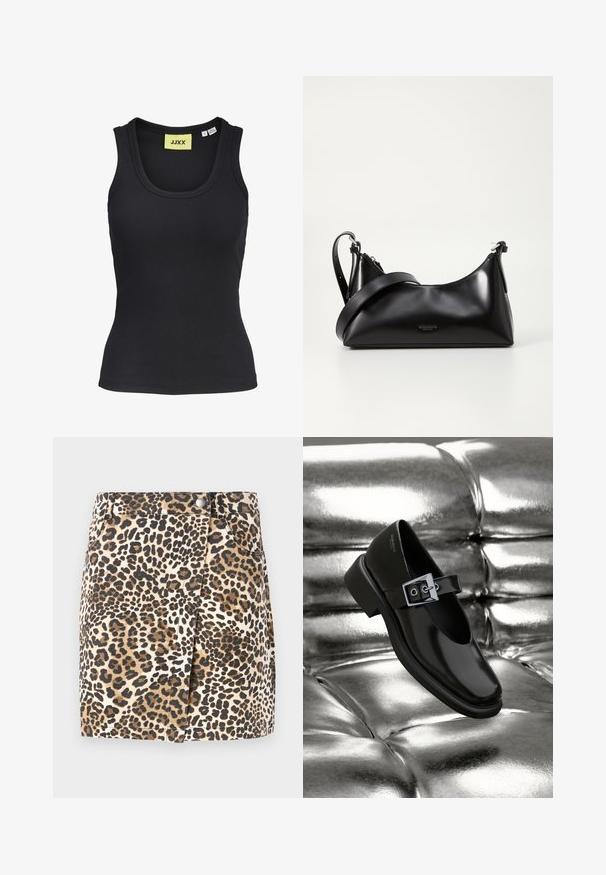 Zwart geribd mouwloos tanktopje met ronde hals en zichtbaar JJXX-merklabel binnenin de kraag, maat small, gemaakt in Bangladesh.; JDY JDYRAY Short - Minirok - pumice stone; Zwarte leren Mary Jane-schoenen met een vierkante neus, een zilveren gesp accent en een chunky lage hak, tegen een glanzende zilveren achtergrond.; Zwarte leren handtas met een gladde textuur. Beschikt over een verstelbare schouderband en een strak, minimalistisch ontwerp met een ritssluiting.