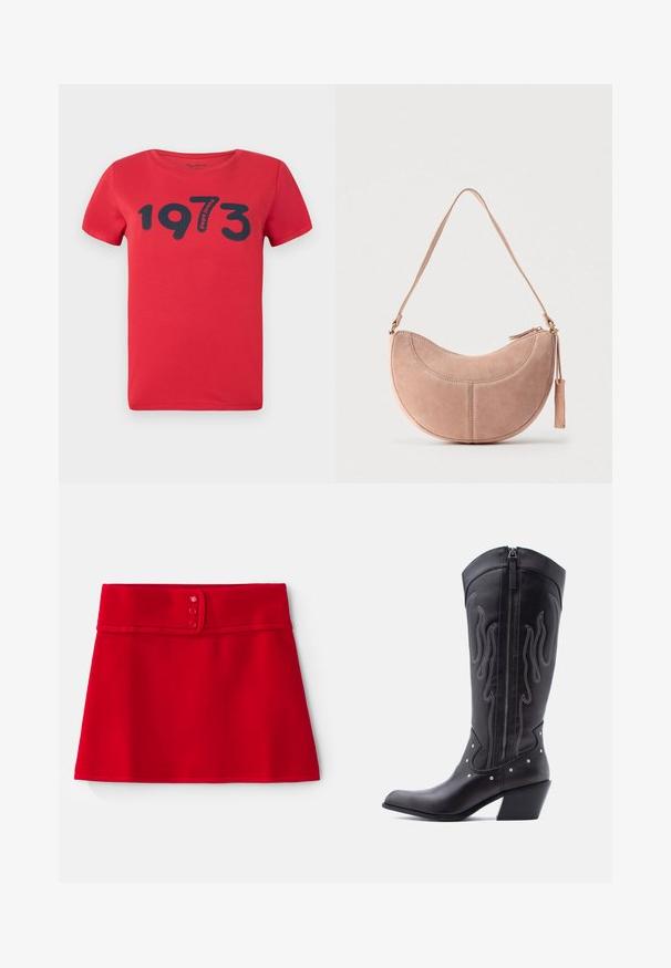 Pepe Jeans BATY - T-shirts print - royal red; Rød A-line nederdel lavet af glat stof med en bred talje og tre lyserøde knapper samt en kantet nederste kant.; Sorte cowboystøvler i læder med spids tå, synlige sømme, sølvfarvede nitte-detaljer og lynlås på den indvendige side.; Lyserød ruskindshåndtaske med en buet, halvmåneform, en enkelt strop og lynlås. Har syningsdetaljer og en dusk som pynt.