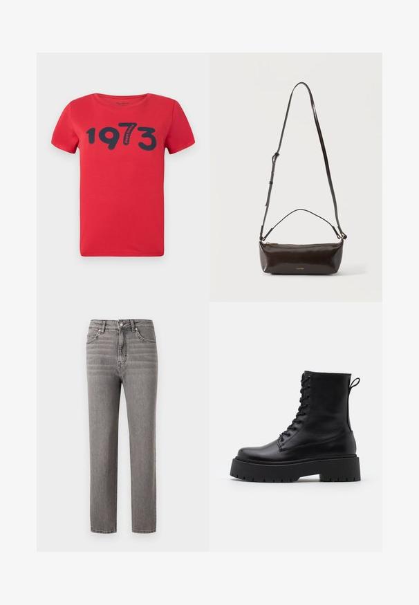 Pepe Jeans BATY - T-Shirt print - royal red; Graue Jeans aus Denim mit einem geraden Schnitt, mittelhoher Taille, fünf Taschen und subtilen vertikalen Nähdetails. Glatte Textur und leicht.; Schwarze Lederstiefeletten mit runder Zehenpartie, Schnürung vorne und einer dicken Gummisohle mit strukturiertem Profil. Mit Zugschlaufe an der Rückseite.; Kleine glänzende dunkelbraune Leder-Schultertasche mit verstellbarem Riemen, Tragegriff oben und goldfarbenem Reißverschluss.