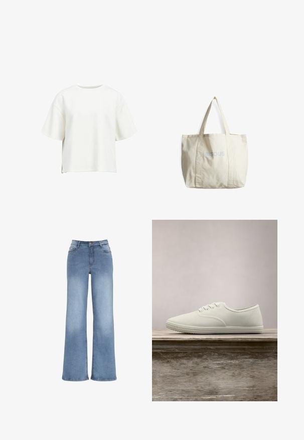 Witte cropped t-shirt van zachte stof, met een ronde halslijn, korte wijde mouwen en zijsplitten voor bewegingsvrijheid.; Lichtblauwe wijde spijkerbroek van denim. Voorzien van een knoopsluiting, vijf zakken en stiksels. Gladde textuur met een lichte vervaging.; Witte canvas sneakers met een ronde neus, zes veterogen en een gestructureerde rubberen zool, zwevend boven een houten oppervlak met groene gras op de achtergrond.; Crème schoudertas met twee handvatten, gemaakt van stevig materiaal, met gestikte naden en de geprinte tekst "BISOU" in lichtblauw.
